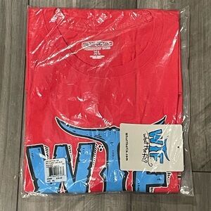 What the Fin Red T-Shirt with Blue Graphic Size XL